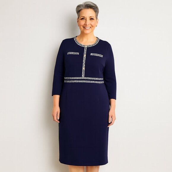 Chic Navy Blue Sheath Dress w/ White Trim – Work to Evening Size 3X - Picture 1 of 11